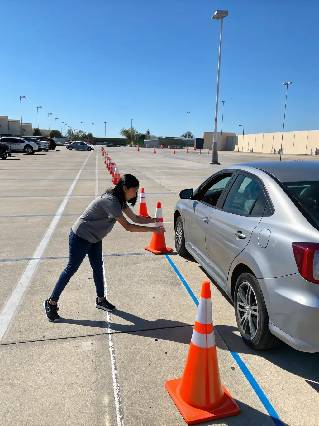 A student successfully parking a car during a driving lesson, demonstrating precision and control.
