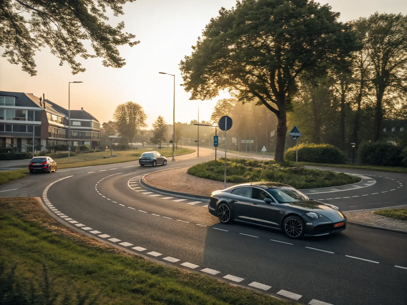 An image of a car navigating a roundabout, demonstrating advanced driving skills, taken during a practical driving lesson.