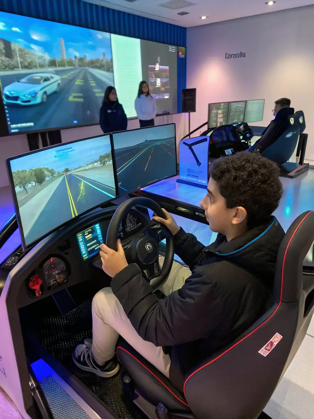 A driving simulator setup in a classroom environment, showing a realistic road scenario on the screen, students attentively watching.
