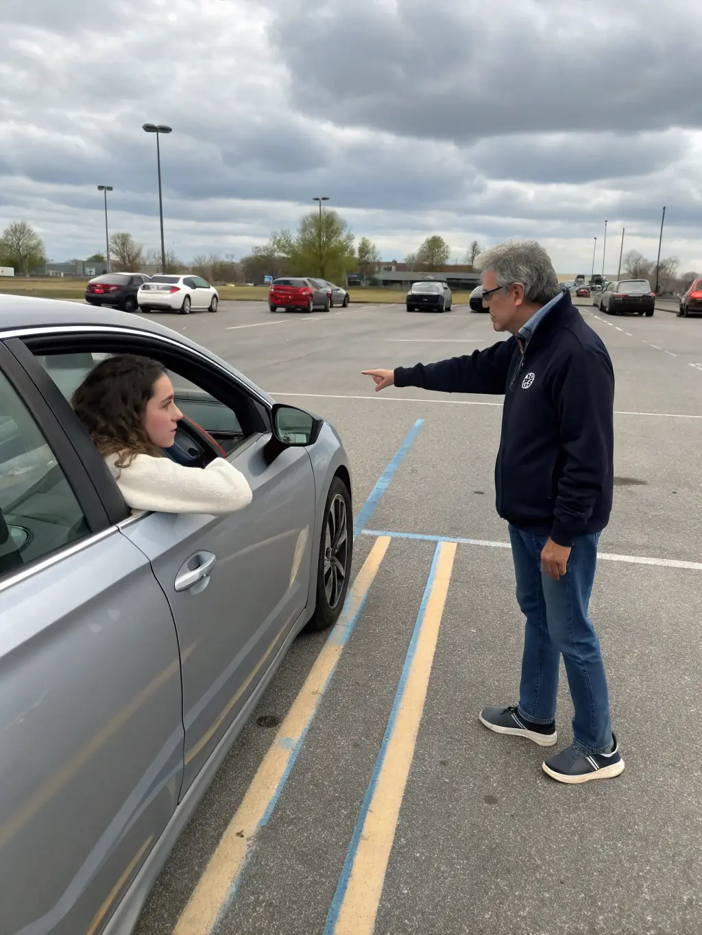 A driving instructor demonstrating parallel parking to a student in a quiet residential street in Copenhagen, clear focus on the car and parking space.