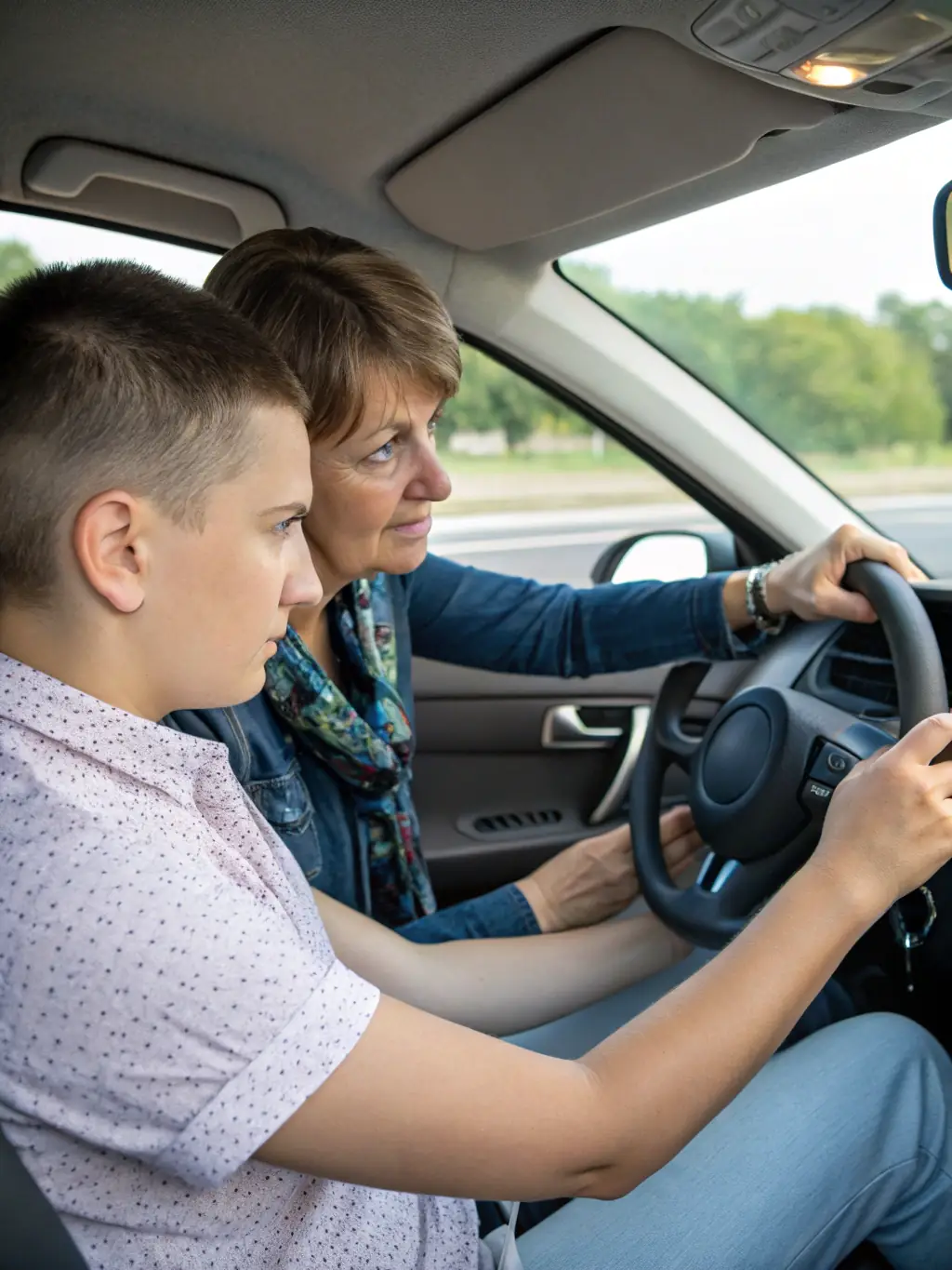 A young woman smiling confidently behind the wheel of a car, with the instructor giving a thumbs-up from the passenger seat. The car is in a safe, controlled environment, like a practice course.