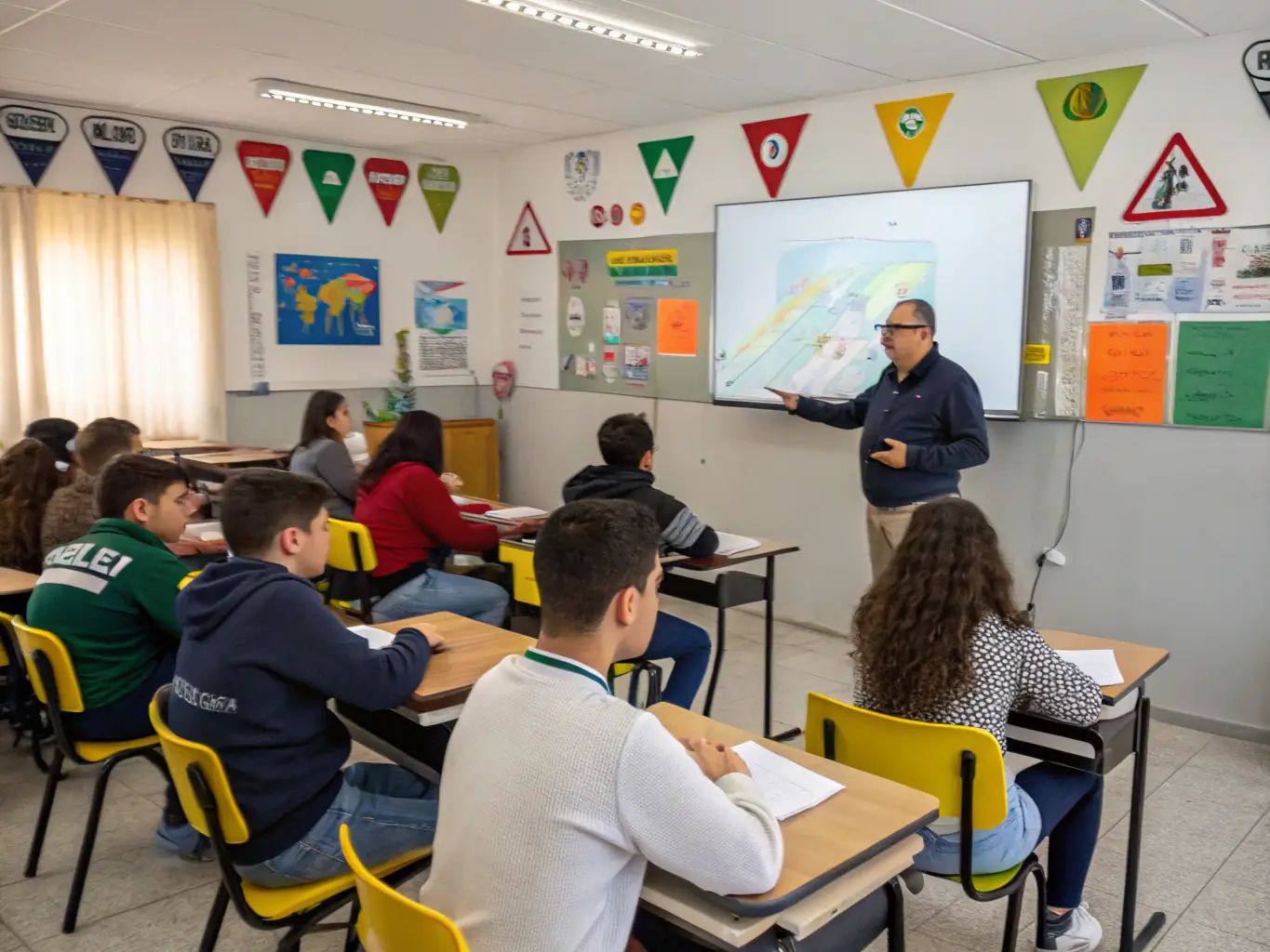 A classroom setting with students attentively listening to a driving instructor during a theoretical lesson on traffic laws and road signs.