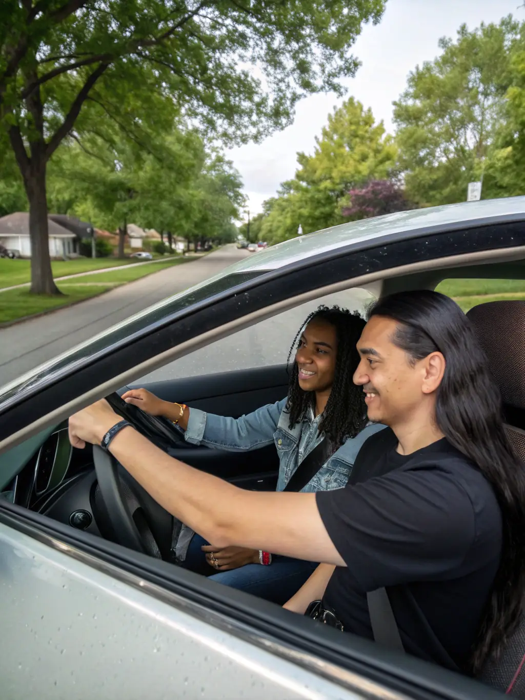 A young woman smiling confidently behind the wheel of a car during a driving lesson, instructor next to her, sunny day, urban setting in Copenhagen.