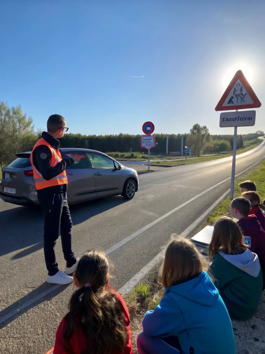 A driving instructor explaining traffic rules to a student using a whiteboard in a classroom setting.