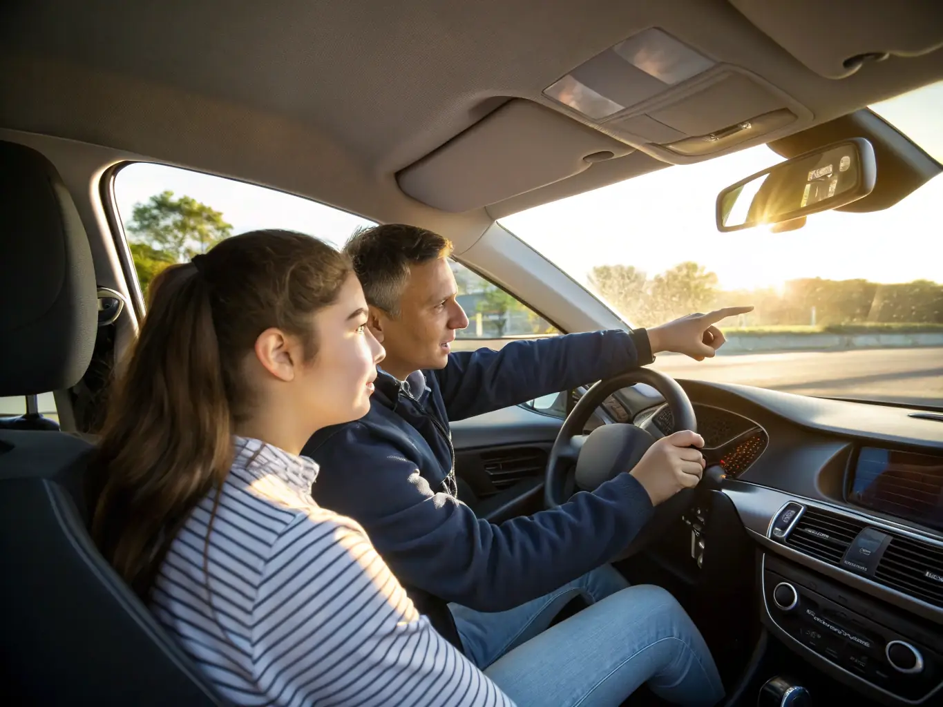 A young woman smiling confidently behind the wheel of a car during a driving lesson, with the instructor beside her, in a modern car interior setting.